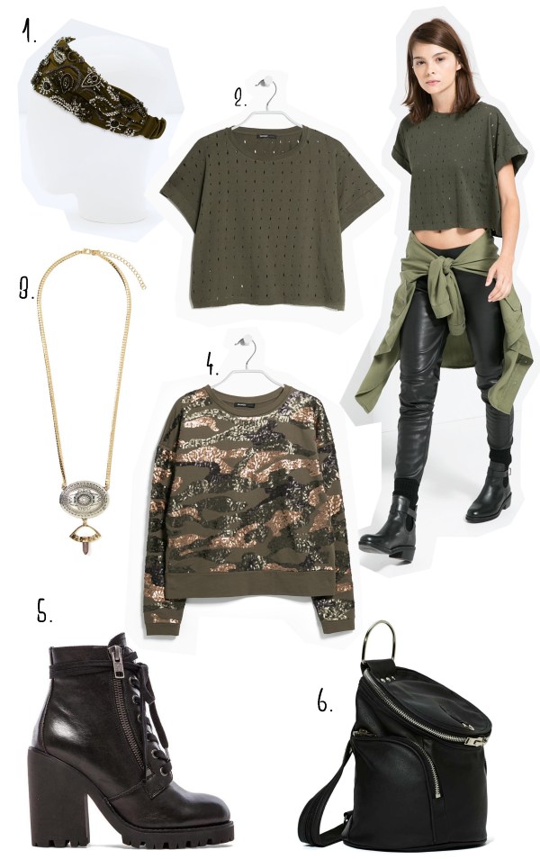 1. TURBAN STYLE HEADBAND from Zara 2.RIPPED DETAIL T-SHIRT from MANGO 3. Yuna Necklace from NASTY GAL 4. SEQUIN SWEATSHIRT from MANGO 5. POKER BOOTIE from REVOLVE 6.UNIF Namesack Pack from NASTY GAL