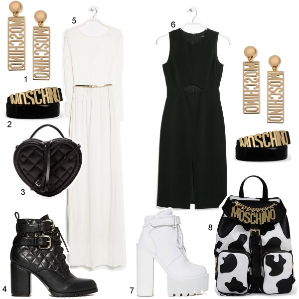 1. Moschino Earrings 2. Moschino belt 3. HEART  BAG MARC BY MARC JACOBS from Revolve Clothing 4. Parker Boot from Nasty Gal 5. LACE DRESS from Mango 6. CUT-OUT DETAIL DRESS from Mango 7. Jeffrey Campbell Pole Vault Platform Boot from Nasty Gal 8. Moschino Cow Backpack